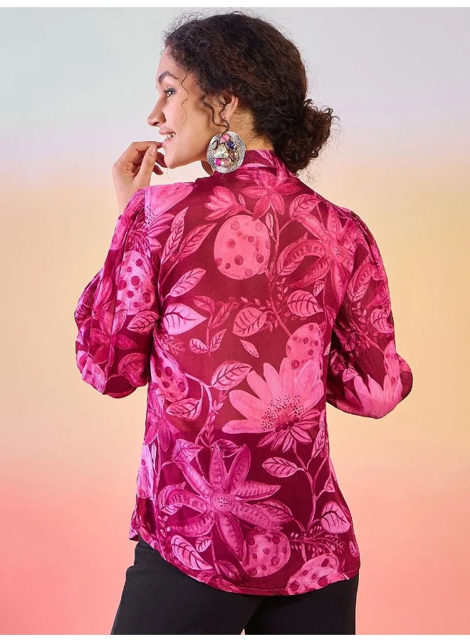 AKS Floral Printed Tie-Up Neck Cuffed Sleeves Shirt Style Top