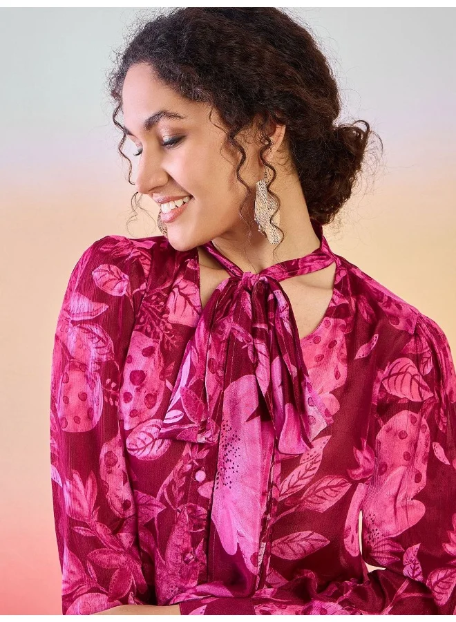 أيه كيه إس Floral Printed Tie-Up Neck Cuffed Sleeves Shirt Style Top