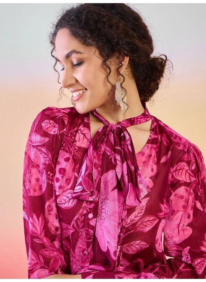 AKS Floral Printed Tie-Up Neck Cuffed Sleeves Shirt Style Top