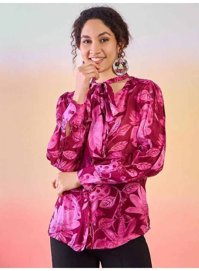 AKS Floral Printed Tie-Up Neck Cuffed Sleeves Shirt Style Top