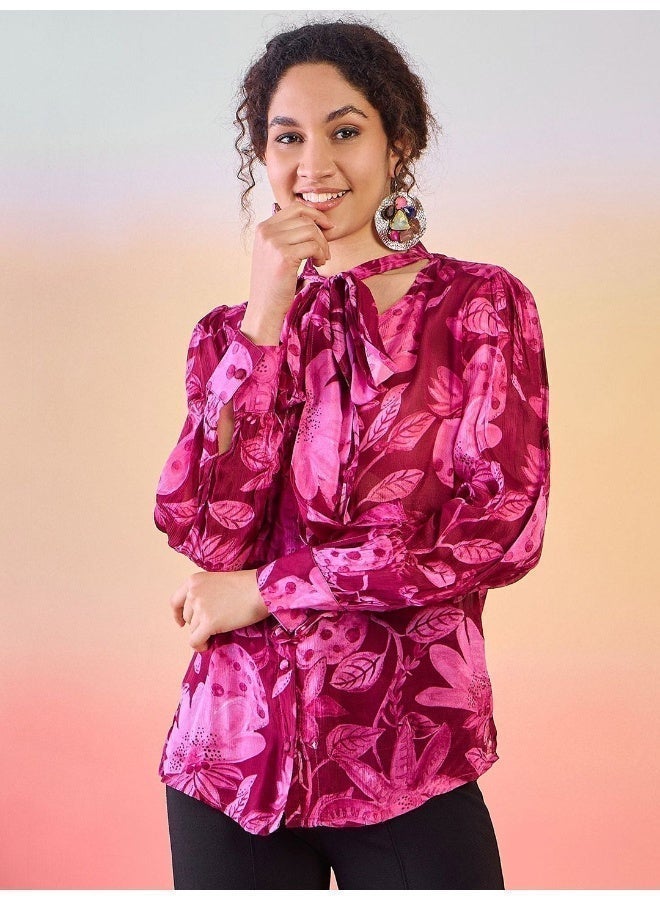 AKS Floral Printed Tie-Up Neck Cuffed Sleeves Shirt Style Top - Image 1