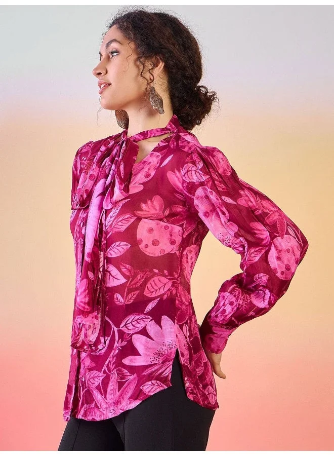AKS  Floral Printed Tie-Up Neck Cuffed Sleeves Shirt Style Top for Women | Best Price UAE