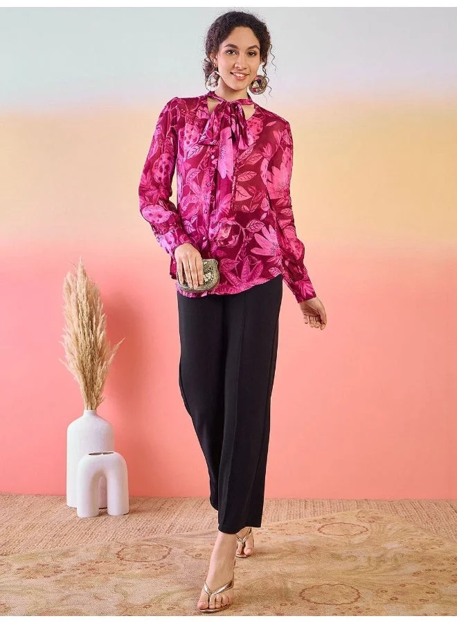 AKS  Floral Printed Tie-Up Neck Cuffed Sleeves Shirt Style Top for Women | Best Price UAE