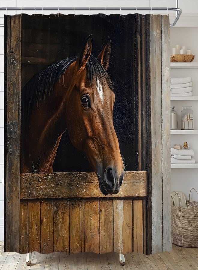 Western Horse Shower Curtain Rustic Farmhouse Animal Wooden Barn Door Country Farm Fabric Bathroom Decor Set,70x70 inch - Image 1