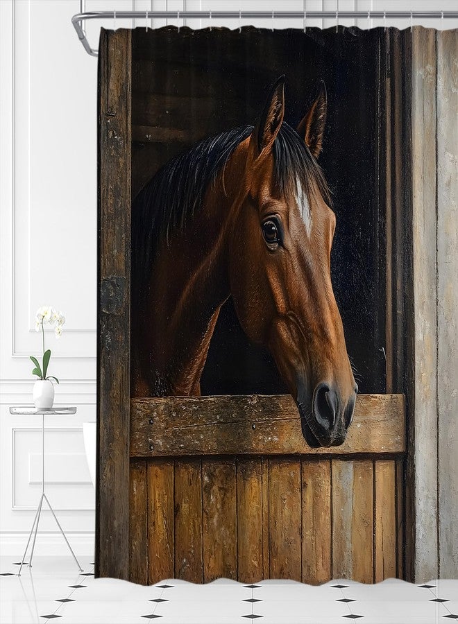 Western Horse Shower Curtain Rustic Farmhouse Animal Wooden Barn Door Country Farm Fabric Bathroom Decor Set,70x70 inch - Image 2