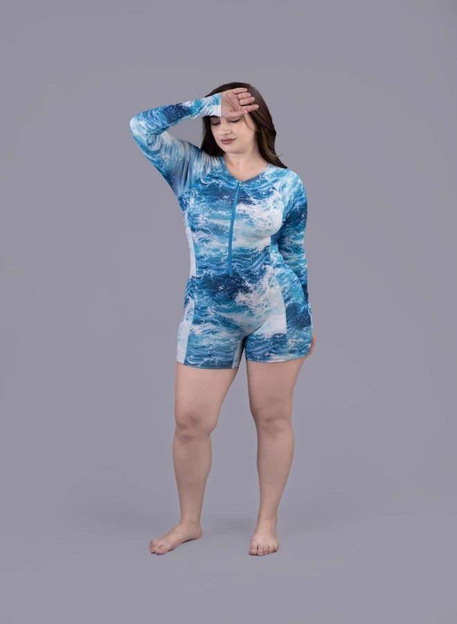 كيب فيت بدلة سباحة نسائية من Keepfit بأكمام طويلة مطبوعة ومبطنة بمقاسات كبيرة وتغطية متوسطة، لون أزرق بحري | بدلة سباحة نسائية - Image 2