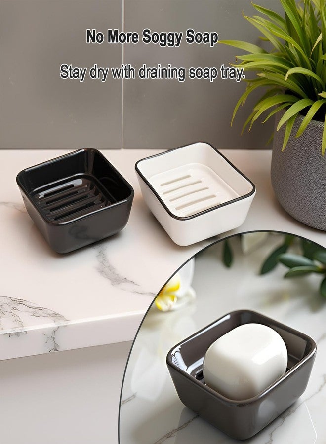 Vonpri Ceramic Soap Dish, Square Shower Case with Drain Grid, Compact Bathroom Soap Holder for Sink Countertop, Decorative Ceramic Soap Saver Tray, Dish for Liquid or Bars (Black) - Image 4