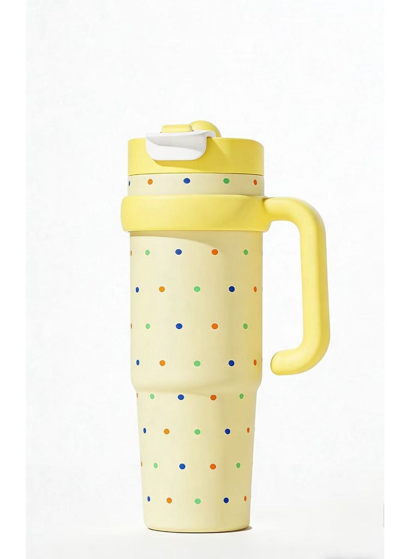 Yellow Polka Dot 1000ml Insulated Travel Mug (with Straw) — Supports Dual Drinking Modes: Straw Sipping and Direct Drinking — Leak-proof, Vacuum-Sealed Stainless Steel Construction; Your Ideal Companion for Driving, Office Use, or Travel. - Image 1