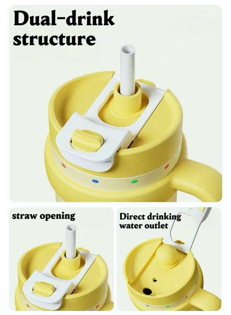 Yellow Polka Dot 1000ml Insulated Travel Mug (with Straw) — Supports Dual Drinking Modes: Straw Sipping and Direct Drinking — Leak-proof, Vacuum-Sealed Stainless Steel Construction; Your Ideal Companion for Driving, Office Use, or Travel. - Image 2