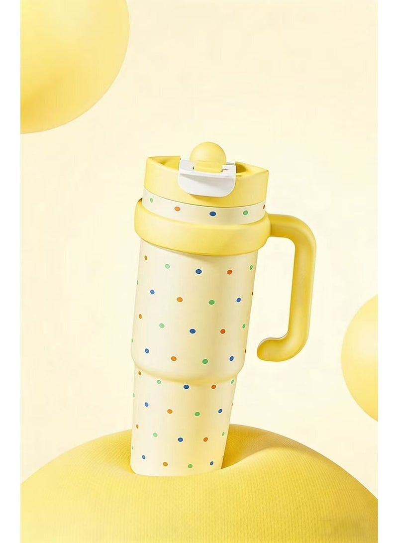 Yellow Polka Dot 1000ml Insulated Travel Mug (with Straw) — Supports Dual Drinking Modes: Straw Sipping and Direct Drinking — Leak-proof, Vacuum-Sealed Stainless Steel Construction; Your Ideal Companion for Driving, Office Use, or Travel. - Image 5