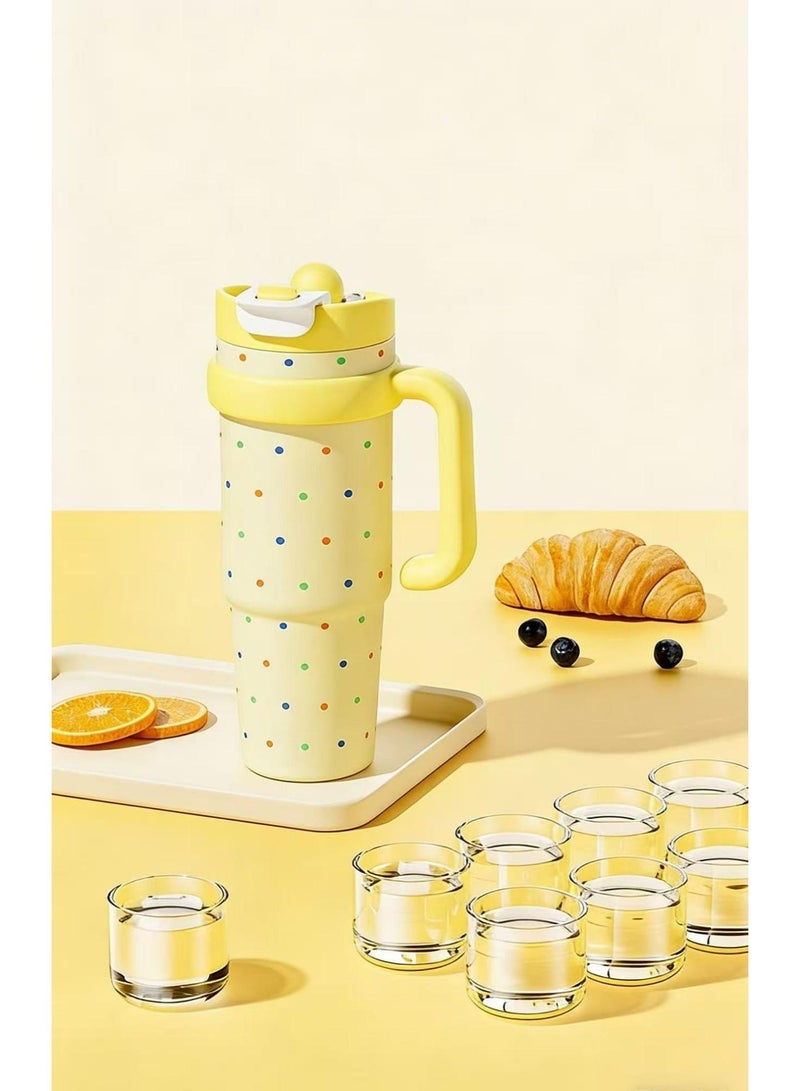 Yellow Polka Dot 1000ml Insulated Travel Mug (with Straw) — Supports Dual Drinking Modes: Straw Sipping and Direct Drinking — Leak-proof, Vacuum-Sealed Stainless Steel Construction; Your Ideal Companion for Driving, Office Use, or Travel. - Image 4