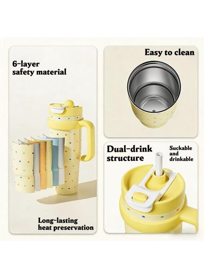 Yellow Polka Dot 1000ml Insulated Travel Mug (with Straw) — Supports Dual Drinking Modes: Straw Sipping and Direct Drinking — Leak-proof, Vacuum-Sealed Stainless Steel Construction; Your Ideal Companion for Driving, Office Use, or Travel. - Image 3
