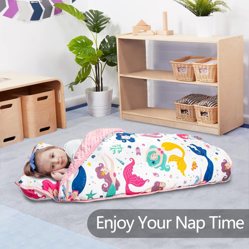Primlect Thickened Toddler Nap Mat with Removable Pillow and Minky Blanket, Extra Large 55''x35'' Sleeping Bag, Washable, Roll up, Perfect for Daycare, Preschool, Kindergarten, Boys and Girls Mermaid - Image 3