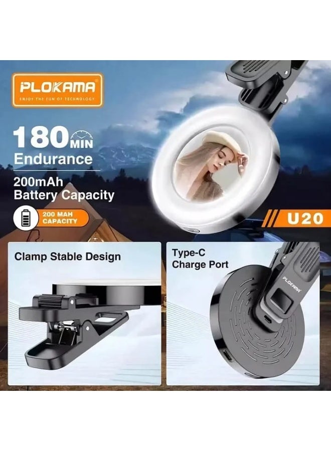 التخطيط مشبك إضاءة LED قابل لإعادة الشحن من PLOKAMA U20 - 3 أوضاع ألوان، 6 مستويات سطوع، حلقة إضاءة سيلفي قابلة للدوران 180 درجة - Image 5