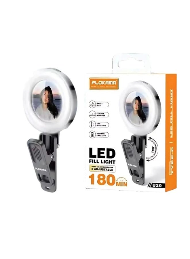 التخطيط مشبك إضاءة LED قابل لإعادة الشحن من PLOKAMA U20 - 3 أوضاع ألوان، 6 مستويات سطوع، حلقة إضاءة سيلفي قابلة للدوران 180 درجة - Image 4