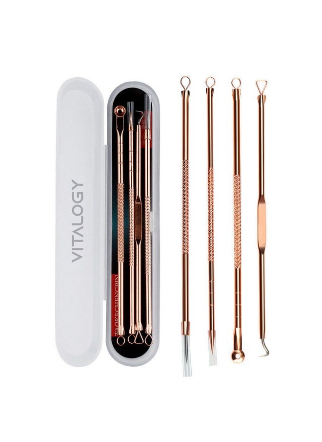 VITALOGY - Blackhead Remover Tool Kit - 4 In 1 Acne And Pimple Removal Tool - Nose & Face Blackheads Remover & White Heads Removal, Acne Removal Tool, Tweezers - Rose Gold With Travel Case  - Image 1