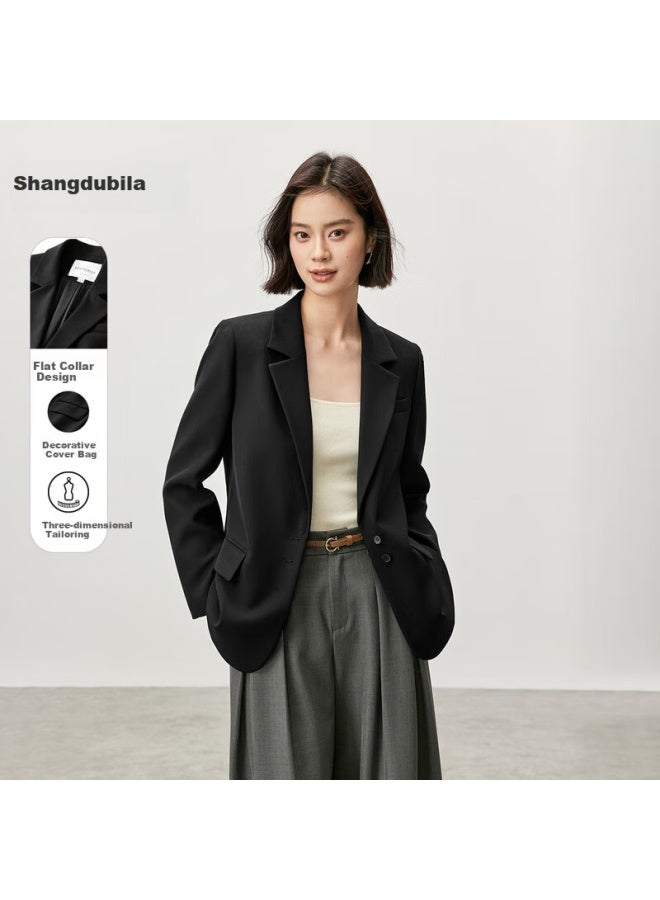 Sentubila Shangduobila High-quality Women's Blazer, Autumn Season, No-iron, Casual Loose-fitting Jacket, Elegant Top, Black, L - Image 1