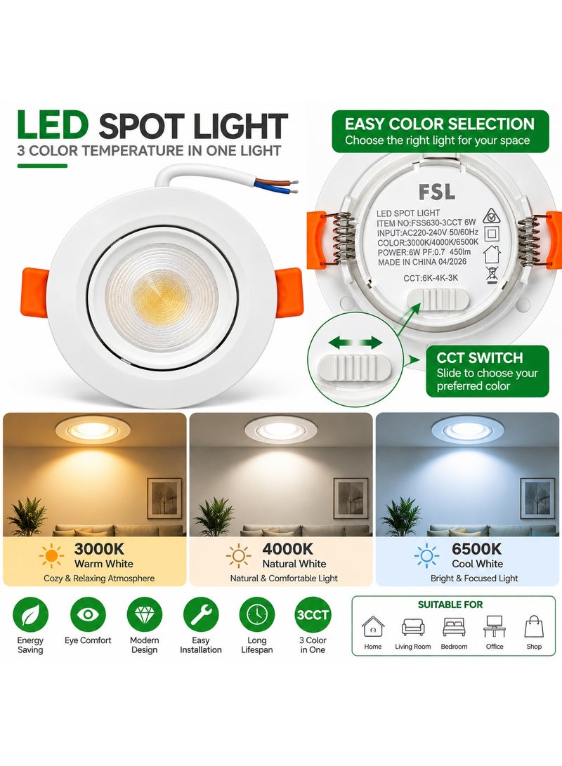 إف اس إل سبوت لايت LED 6 واط، 450 لومن، 3 ألوان قابلة للاختيار 3000K/4000K/6500K، إضاءة سقفية دائرية مدمجة، أبيض، فتحة تركيب 75 مم - Image 5