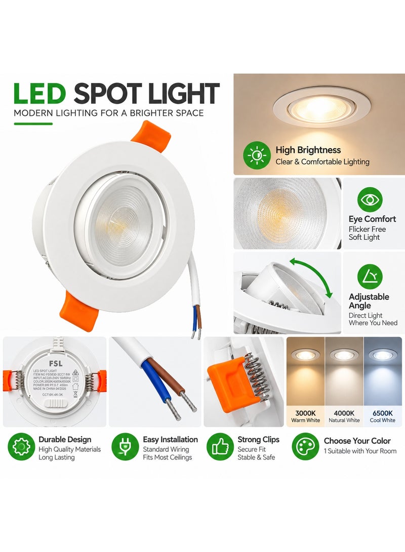 إف اس إل سبوت لايت LED 6 واط، 450 لومن، 3 ألوان قابلة للاختيار 3000K/4000K/6500K، إضاءة سقفية دائرية مدمجة، أبيض، فتحة تركيب 75 مم - Image 3