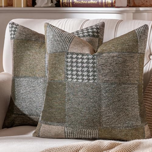 AmHoo Set of 2 Throw Pillow Covers Woolen Patchwork Checkered Farmhouse Decorative Square Pillows Cover Pillowcase for Sofa Couch Bed 20 x 20Inch Green - Image 1