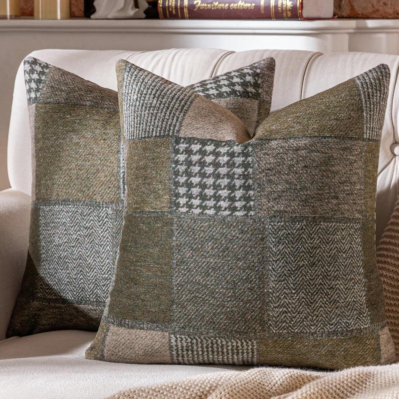 AmHoo Set of 2 Throw Pillow Covers Woolen Patchwork Checkered Farmhouse Decorative Square Pillows Cover Pillowcase for Sofa Couch Bed 20 x 20Inch Green - Image 2