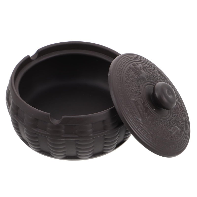 Windproof Ceramic Ashtray with Lid Purple Clay Tabletop Ash Holder for Home Office Patio - Image 2