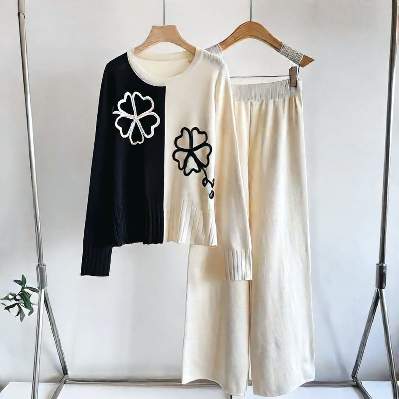 Knitted Pullover Top with Solid Wide Leg Pants Set - Image 2