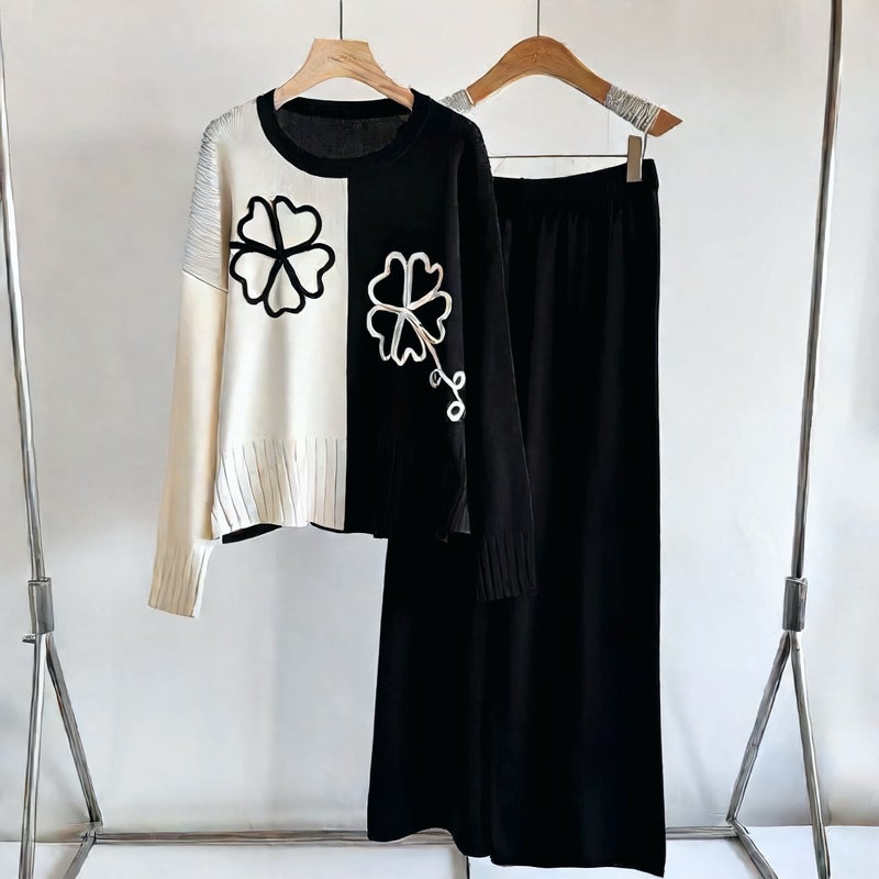 Knitted Pullover Top with Solid Wide Leg Pants Set - Image 3
