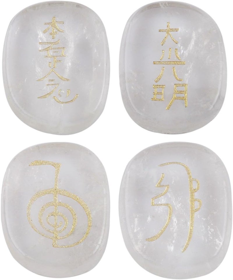 mookaitedecor 4 Piece Rock Quartz Stones Engraved Chakra Symbols Polished Palm Stones for Reiki Crystal Healing