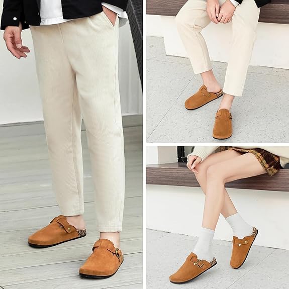 DDXYYDS Suede Clogs Men & Women Unisex Leather Mules Soft Cork Footbed Adjustable Buckle Slip Sandals Potato Shoes with Arch Support Brown - Image 5