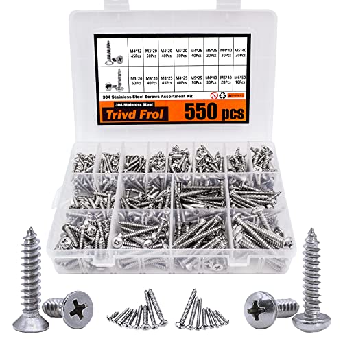 Trivd Frol 550Pcs Self Tapping Screws Assortment Set, M3/M4/M5/M6 304 Stainless Steel Sheet Metal Screws Kit, Phillips Drive Wood Screw Assortment 550Pcs(275pcs Round Head and 275pcs Flat Head) - Image 1