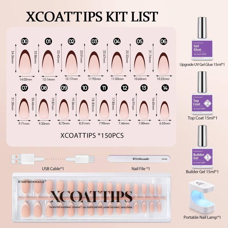 BTArtboxnails XCOATTIPS Press on Nails Almond - Skin Tones French Tip Nails, Medium Soft Gel Nail Tips with Nail Gel, French Protecting Duo, Nail Lamp, All in One Fake Nail Extension Kit - Image 5