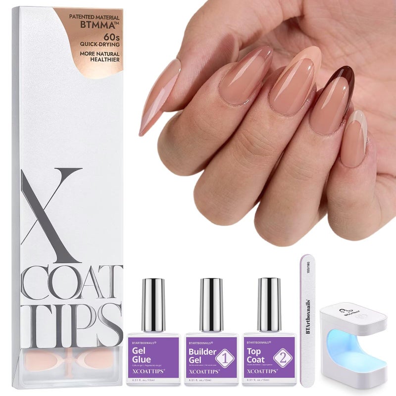 BTArtboxnails XCOATTIPS Press on Nails Almond - Skin Tones French Tip Nails, Medium Soft Gel Nail Tips with Nail Gel, French Protecting Duo, Nail Lamp, All in One Fake Nail Extension Kit - Image 1