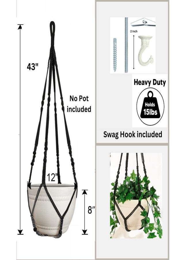 Shineloha Eco Joy 43 Inches Macrame Plant Hanger Large for 12 inch Pot Extra Long + Hook | No Tassel, Cotton Rope Hanging Plant Holder with Swag Hook, NO Plant Included (Black) - Image 3