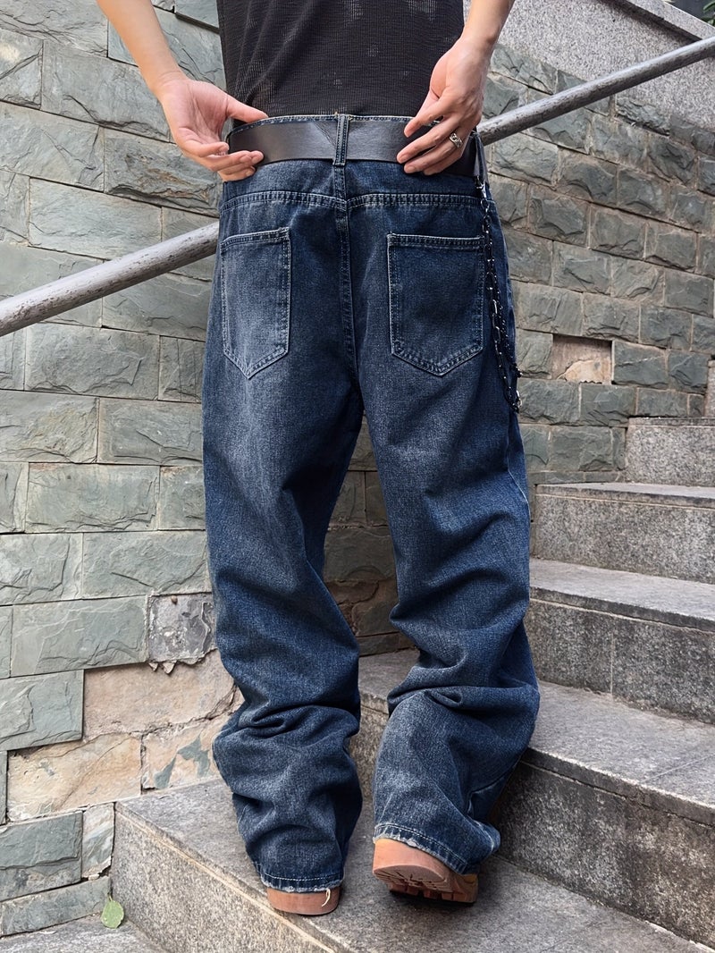 Trendy Street Loose Casual Washed Blue Jeans Men Women Couple Trousers - Image 2