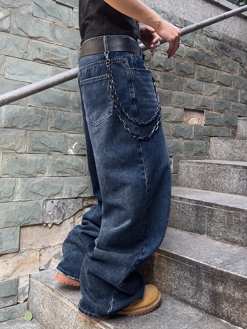 Trendy Street Loose Casual Washed Blue Jeans Men Women Couple Trousers - Image 3