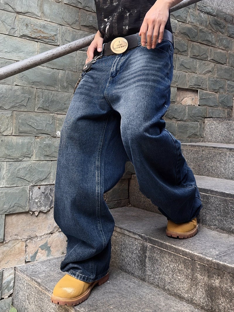 Trendy Street Loose Casual Washed Blue Jeans Men Women Couple Trousers - Image 5