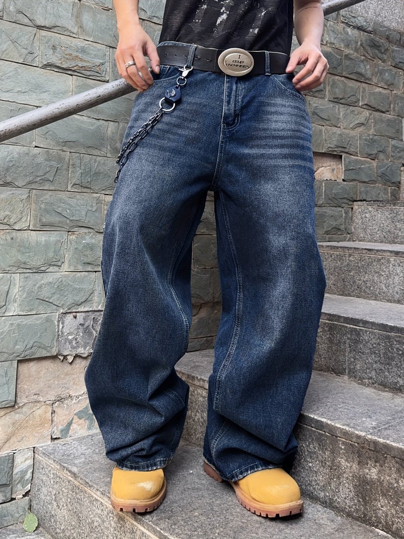 Trendy Street Loose Casual Washed Blue Jeans Men Women Couple Trousers - Image 4