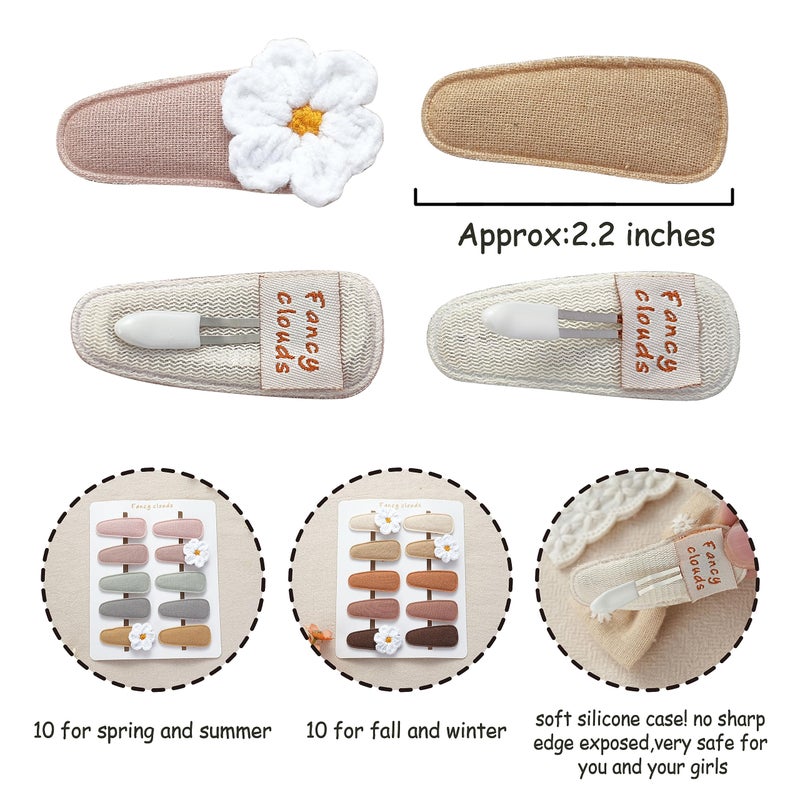 Fancy Clouds 20 Pack Baby Hair Clips for Girls Toddler,Neutral Fabric Snap Clips Pins With Embroidery Daisy Flower,Handmade Hair Accessories Barrettes for School Age Kids Children Gifts - Image 2