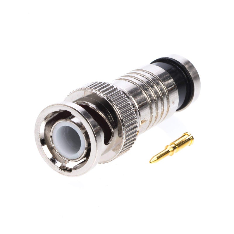 BNC RG59 Male Compression Coax Connector for CCTV Security Camera DVR Systems AllMetal Construction with AntiCorrosion NickelPlated Finish 2Piece Design for Superior RF Integrity 100