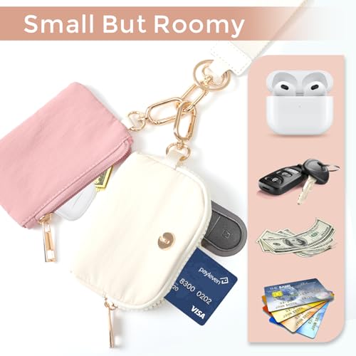 JEEBURYEE Dual Pouch Wristlet Keychain Wallets for Women with 2 Detachable Zipper Coin Purse - Small and Portable Mini Card Wallet for Women Men Gold Hardware Pink+Ivory - Image 3