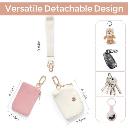 JEEBURYEE Dual Pouch Wristlet Keychain Wallets for Women with 2 Detachable Zipper Coin Purse - Small and Portable Mini Card Wallet for Women Men Gold Hardware Pink+Ivory - Image 2