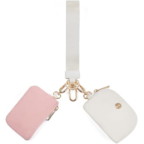 JEEBURYEE Dual Pouch Wristlet Keychain Wallets for Women with 2 Detachable Zipper Coin Purse - Small and Portable Mini Card Wallet for Women Men Gold Hardware Pink+Ivory - Image 1