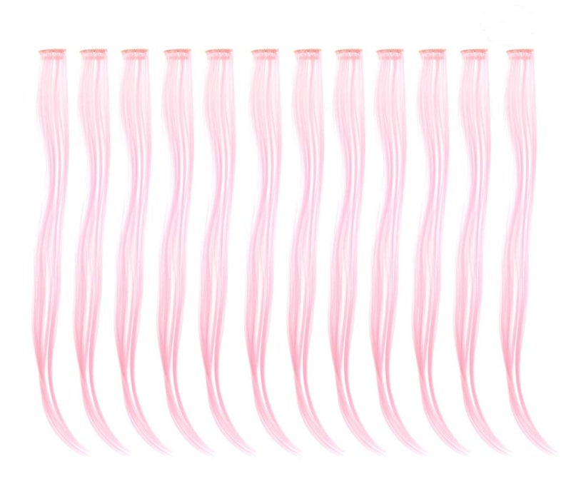 SWACC 12 Pcs Straight One Color Party Highlights Clip on in Hair Extensions Colored Hair Streak Synthetic Hairpieces (Pink) - Image 1