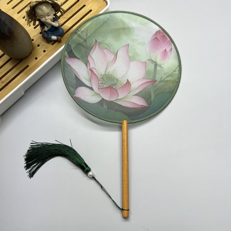 Vintage Chinese Style Dance Fans with Tassel Lotus [print] 