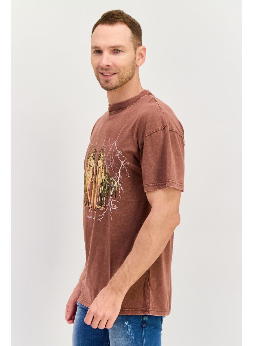 Night Addict Men Crew Neck Short Sleeve Graphic Print T Shirt, Brown  - Image 2