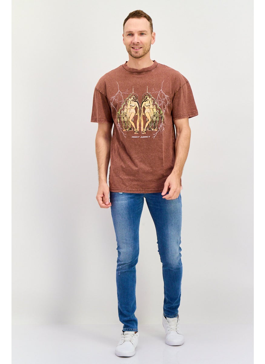 Night Addict Men Crew Neck Short Sleeve Graphic Print T Shirt, Brown  - Image 3