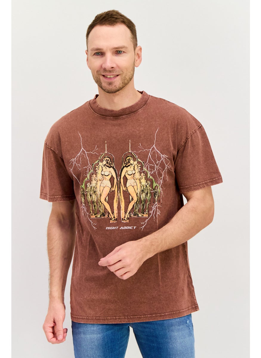 Night Addict Men Crew Neck Short Sleeve Graphic Print T Shirt, Brown  - Image 1