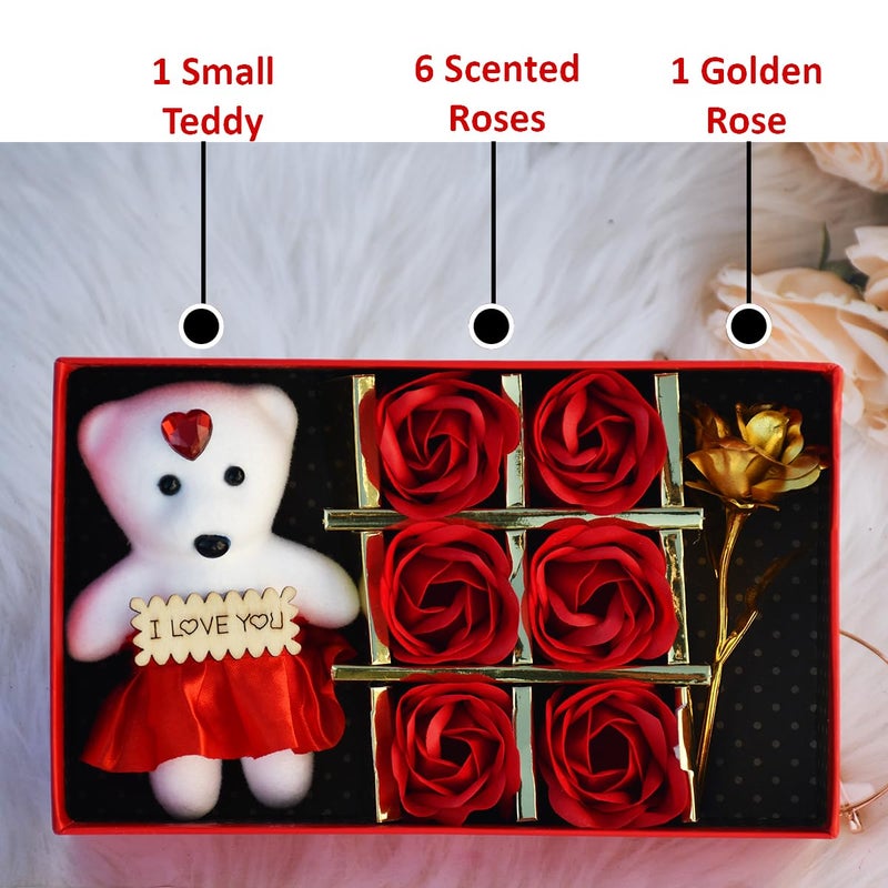Natali Traders Love Gift for Girlfriend Boyfriend Small Teddy with Artificial Golden Rose and 6 Red Rose Scented Flowers Valentine Day Anniversary Rose Day Gift - Image 2