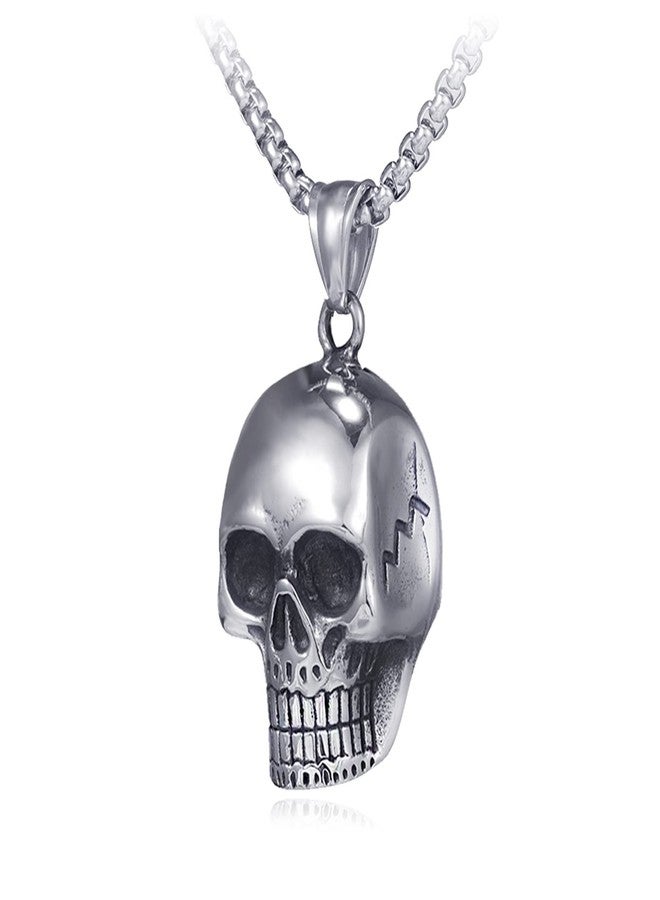 Fusamk Punk Rapper Stainless Steel Skull Head Pendant Necklace(Steel Skull) - Image 1